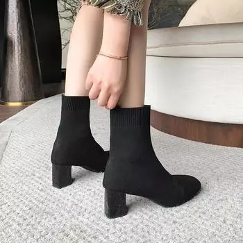 Skinny Boots Women s High Heel Pointed Middle Heel Short Boots Spring and Autumn Single Boots 2025 Autumn and Winter Knitted Socks Boots Coarse Heel 35 чёрный