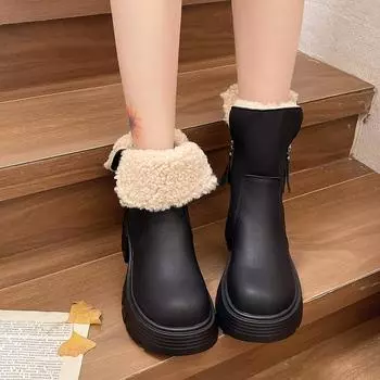 Узкие двухсекционные зимние ботинки, сложенные зимой, теплые пушистые короткие ботинки с начесом, женские туфли 2024 года из британского хлопка на толстой подошве 35 хаки