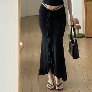 Skirt2023 Fashion Spring New Fashion Elegant Asymmetric Skirt Low Waist Ruched Ruffles Skirt for Women Black S