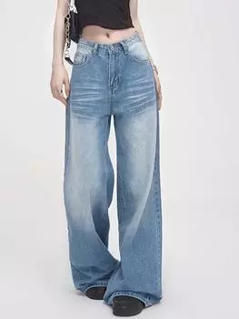 Складчатые синие элегантные потертые джинсы, женские универсальные винтажные брюки со шваброй, свободные прямые модные дизайнерские широкие брюки, уличная одежда S синий