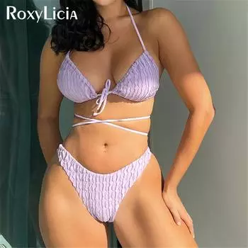 Складки обертывание вокруг халтера бразильский бикини женский купальник женский купальник из двух частей бикини комплект купальный костюм купальный костюм S фиолетовый