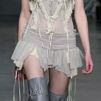 Складки Прозрачная сетчатая мини-юбка Y2k Нерегулярные юбки с низкой посадкой в складку в стиле пэчворк для женщин Винтажная одежда 90-х годов для женщин XS серый