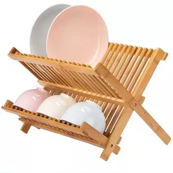 Складная бамбуковая сушилка для посуды - держатель тарелки, стойка для посуды, сито для сушки чашек для посуды, тарелок, мисок, чашек жёлтый