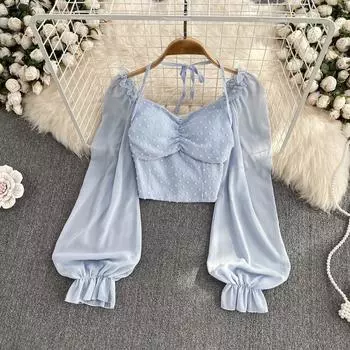 Складная короткая блузка, летняя женская блузка с вырезом с разрезом и длинным рукавом, завязка на шее, эластичная резинка на талии, модный французский пляжный топ one size синий