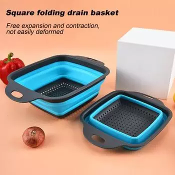Складная корзина для слива Yousheng с ручкой, пищевая, без BPA, большая емкость, квадратный силиконовый складной дуршлаг для овощей и фруктов S зелёный