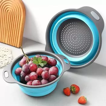 Складная корзина-дуршлаг для слива фруктов и овощей, корзина с ручкой, складная силиконовая корзина для хранения на кухне 24.5x20x3cm синий