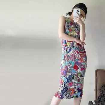 Складная красочная юбка с принтом граффити весна/лето, новая модная и нишевая стильная нижняя юбка, легкое роскошное платье-майка One Size розовый