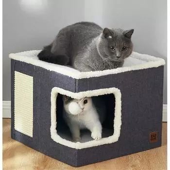 Складная кровать для домашних животных Four Seasons Universal Cube с когтеточкой для кошек Cathouse 41*41*35cm бежевого хаки