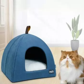 Складная кровать для кошек, дышащий кошачий домик, домашняя палатка для домашних животных, кровать для собаки с ковриком (Синий, размер L) S серый