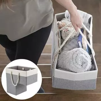 Складная лестничная корзина Портативная ручка из хлопчатобумажной веревки Большая емкость Прочная ткань Деревянная лестница с ковровым покрытием Органайзер для хранения Контейнерный держатель серый белый