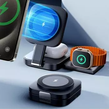 Складная магнитная беспроводная зарядка 3 в 1 для Apple, подставка для зарядного устройства Magsafe для iPhone 15 Pro 14 13 12 iWatch Airpods 2 3, зарядное устройство чёрный