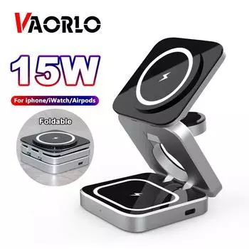 Складная магнитная подставка для беспроводного зарядного устройства VAORLO 15 Вт 3 в 1 для iPhone 14, 13, 12 Pro/Max/Plus, док-станция AirPods 3/2, держатель для быстрого зарядного устройства чёрный