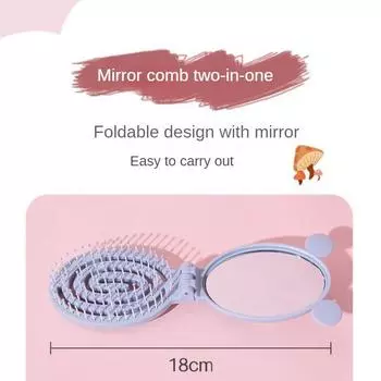 Складная массажная расческа с героями мультфильмов, небольшая портативная зеркальная расческа, встроенная пластиковая расческа для массажа головы Fold mirror / comb розовый