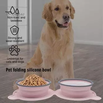 Складная миска для собак, силиконовая, расширяемая, для корма для домашних животных, для воды, двойная миска для путешествий, миска для воды для собак, 2-в-1, кормушка для кемпинга, походов на открытом воздухе