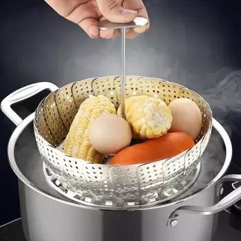 Складная пароварка с растягивающейся ручкой из нержавеющей стали для домашнего хозяйства, пароварка из нержавеющей стали Small Size