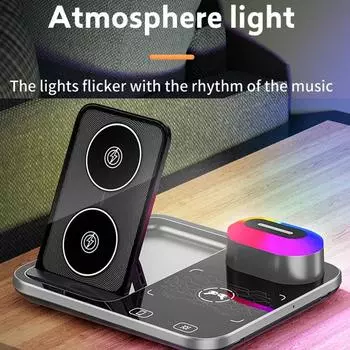 Складная подставка для беспроводного зарядного устройства 4 в 1, RGB-подсветка для iPhone 14, 13, 12, 11 Pro Max, Apple Watch 7, Airpods Pro2, станция быстрой зарядки чёрный