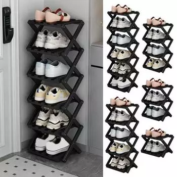 Складная полка для хранения обуви из бамбука, прочная, несущая, переносная, отдельно стоящая полка для обуви в прихожей Dual Layer чёрный
