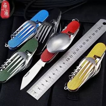 Складная посуда из нержавеющей стали, нож, ложка, вилка, 4–1 столовая ложка, открывалка для бутылок, походный нож для фруктов, складной нож, портативный красный