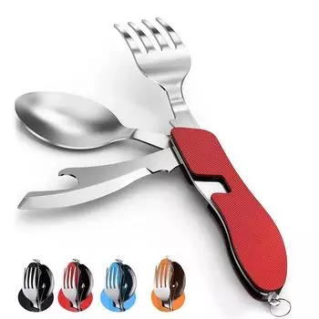 Складная посуда, нож, ложка, вилка, 4-в-1, столовая ложка, открывалка для бутылок из нержавеющей стали, портативный набор посуды красный