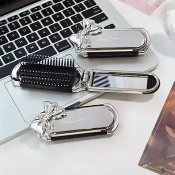 Складная расческа с серебристым бантом и зеркалом, украшенная стразами, косметичка для путешествий, маленькая щетка для волос, инструменты для макияжа