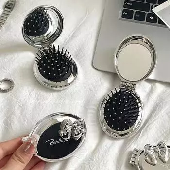 Складная расческа с зеркалом, карманный размер, массажная расческа для кожи головы, портативная щетка для укладки волос для женщин, парикмахерские принадлежности серебряный