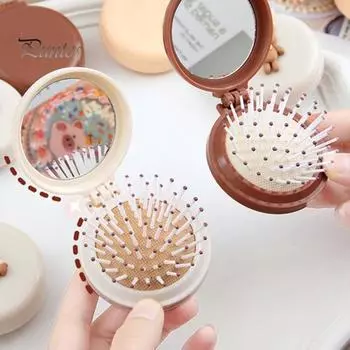 Складная щетка для волос с зеркалом, мягкая щетина, массаж головы, мультяшный бантик, кролик, портативная расческа для распутывания волос, парикмахерские инструменты, инструменты для дня рождения жёлтый