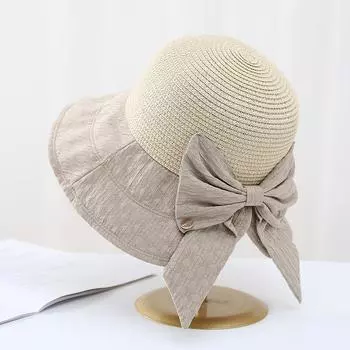 Складная шляпа от солнца из ткани, складная шляпа от солнца, шляпа рыбака с бантом, солнцезащитная соломенная шляпа M56-58cm бежевый
