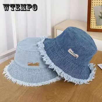 Складная шляпа рыбака унисекс с рваной джинсовой чашей, железным лейблом и кисточкой one size