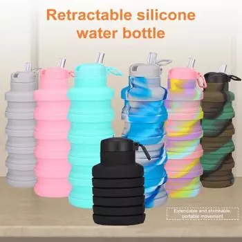 Складная силиконовая бутылка для воды 500 мл, герметичная закручивающаяся крышка, многоразовая легкая складная спортивная бутылка без бисфенола А для пеших прогулок, путешествий 500ML розовый