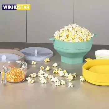 Складная силиконовая чаша для попкорна в микроволновой печи. Складная чаша для приготовления попкорна с крышкой. Складной кухонный инструмент для попкорна большой емкости. серый