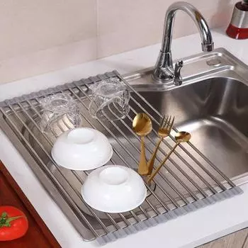Складная сливная полка из нержавеющей стали над раковиной, полый дуршлаг для посуды, отличный рулон
