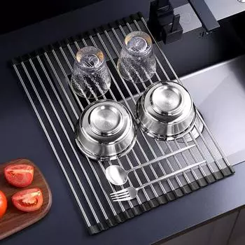 Складная сливная полка из нержавеющей стали, полая над раковиной, свернутая тарелка, дуршлаг, большая несущая чаша, сливная полка для кухонной утвари чёрный