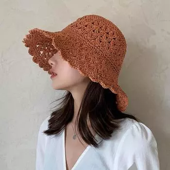 Складная соломенная шляпа женская летняя интернет-знаменитость полая пляжная шляпа от солнца маленькая свежая большая защита от солнца шляпа от солнца sub tide M56-58cm синий