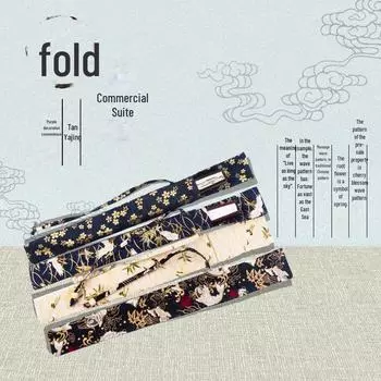 Складная сумка для веера из хлопка и льна в старинном стиле с пряжкой, парчой с горячим тиснением и защитной подвеской.