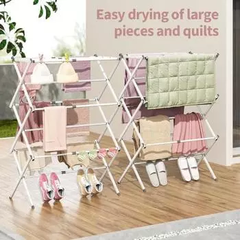 Складная сушилка для белья, выдвижная конструкция, простая установка, складная переносная вешалка для белья для использования в помещении и на открытом воздухе белый