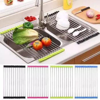 Складная сушилка для посуды из нержавеющей стали, стальная полка для домашней кухни, сушильный сортировочный лоток для раковины L зелёный