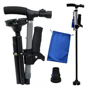 Складная трость Rakurakken, трость, свободно стоящая, складная, легкая, мужская, женская, стильная, раздвижная, легкая, складная, для ходьбы, черный ремешок, светодиодная, алюминиевая чёрный