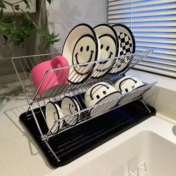 Складная X-образная дренажная стойка, настольная стойка для бытовой чаши, кухонная полка для хранения Iron Art, простая двухслойная стойка для хранения посуды чёрный