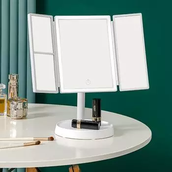 Складное косметическое зеркало со светодиодной подсветкой и сенсорным экраном, 3-х тональная подсветка, 2-кратное/3-кратное увеличение, поворот на 360°, перезаряжаемое зеркало для макияжа с затемнением