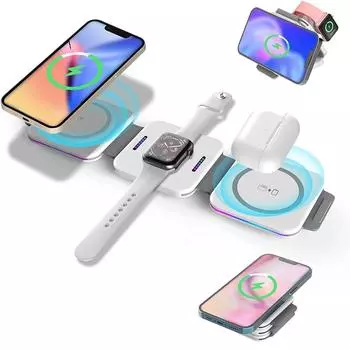 Складное магнитное беспроводное зарядное устройство 3 в 1 для iPhone 14, 13, 12, 11 Pro Max, Samsung, Huawei, Xiaomi, портативное быстрое зарядное устройство Qi для Apple Watch 8, 7, 6, AirPods чёрный