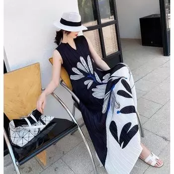Складное платье с принтом, женское, европейское и американское, элитное, знаменитое, праздничное, с длинной юбкой, пляжное, тонкое, летнее платье 2022, женское One Size чёрный