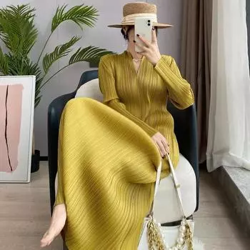 Складное платье, женское платье с длинными рукавами, весенне-осенняя новая юбка с v-образным вырезом, утягивающая и тонкая темпераментная длинная юбка M чёрный