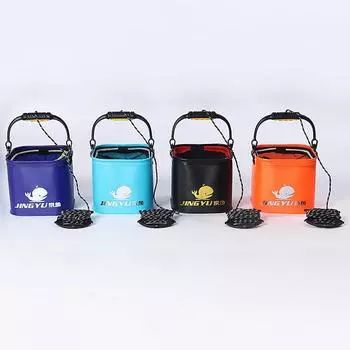 Складное рыболовное ведро, контейнер для хранения воды с ручкой на открытом воздухе и фильтрующей сеткой 24cm светло-синий