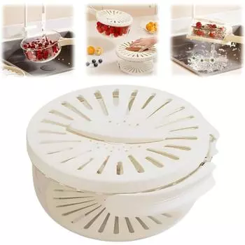 Складное сито для фруктов и овощей с вращающейся крышкой – миска 2 в 1 для мытья, хранения в холодильнике и на пикнике коричневый