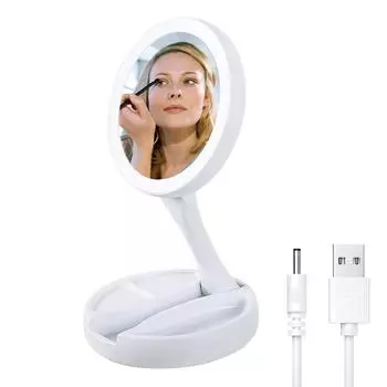 Складное светодиодное зеркало для макияжа с подсветкой, 10-кратное увеличительное зеркало двойного назначения, двустороннее зеркало с зарядкой через USB или аккумулятором, настольные зеркала