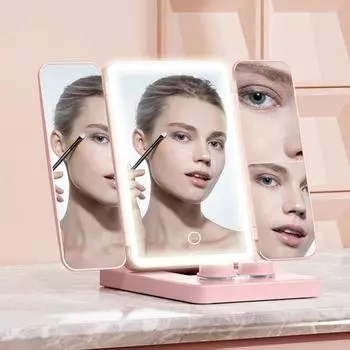 Складное зеркало для макияжа с очистителем для контактных линз, 2X/3X увеличение, перезаряжаемое, 3-цветный светодиод, регулируемый белый
