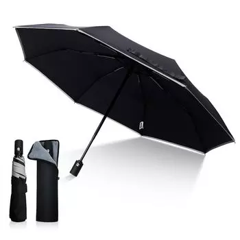 Складной автоматический складной чехол для зонта с супер впитывающей способностью One Key Automatic поставляется со светоотражающим зонтом для защиты от сильного ветра черного цвета, открывается/закрывается, чёрный