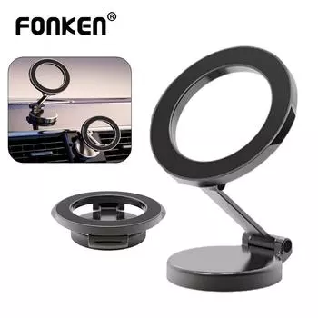 Складной автомобильный держатель телефона Fonken из цинкового сплава для MagSafe, регулируемое на 360° магнитное автомобильное крепление для iPhone 14 13 12 Pro чёрный