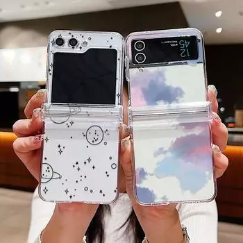 Складной чехол для ПК для Samsung Galaxy Z Flip6 Flip5 Flip4 Flip3 Чехол для телефона с цветочным принтом Love Heart Противоударный чехол с узором белого облака Samsung Galaxy ZFlip5