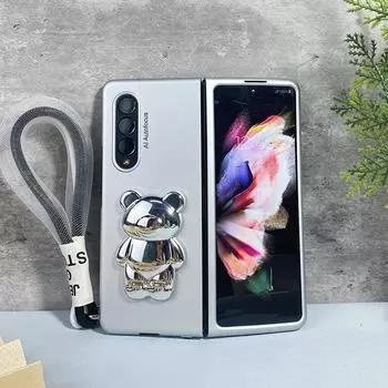 Складной чехол для Samsung Galaxy Z Fold 3 4 5g Жесткий противоударный чехол для ПК с ручной веревкой и подставкой в виде медведя Чехлы для телефонов Защитный чехол Samsung Z Fold 4 серый